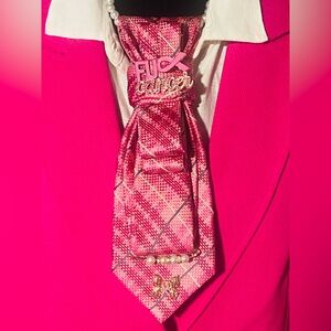 Pink Plaid Tie with Cancer Awareness Pin